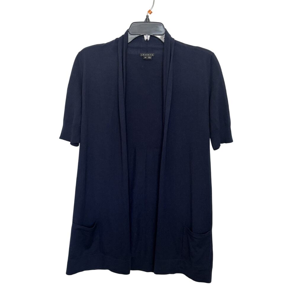 Theory 100% Wool Navy Blue Short Sleeve Open Front Cardigan Small Pockets Cozy